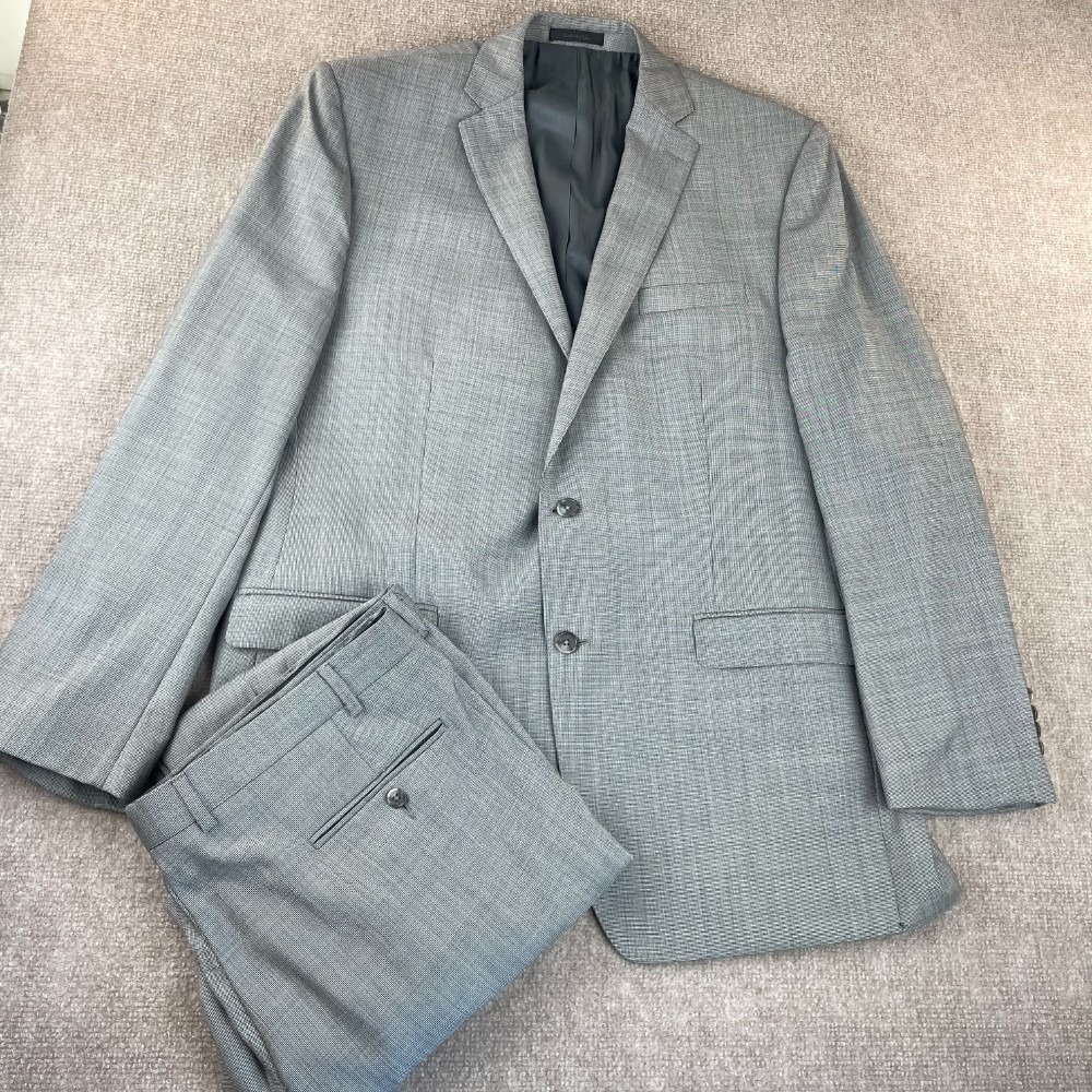 Calvin Klein 2 Piece Suit Set Mens 46L Gray Wool Single Breasted Notch Lapel